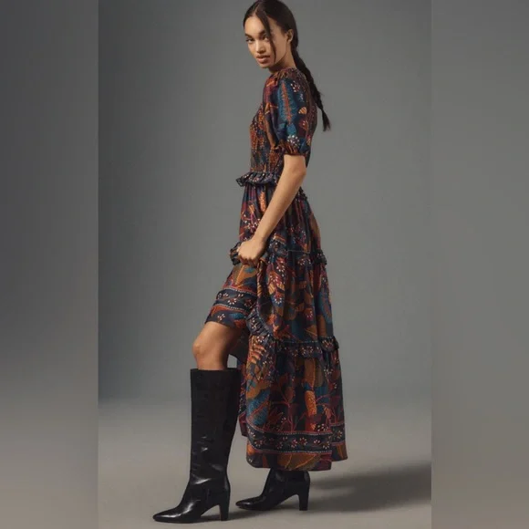 Farm Rio Short-Sleeve Crew-Neck Tiered A-Line Maxi Dress floral leaf pattern S - Picture 3 of 16